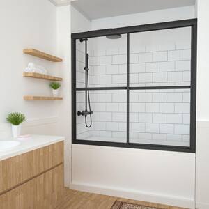 59 in. W x 56 in. H Sliding Framed Tub/Shower Door in Black with Clear Glass and Handles