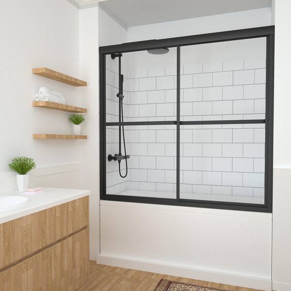 TaiMei 59 in. W x 56 in. H Sliding Framed Tub/Shower Door in Black with Clear Glass and Handles