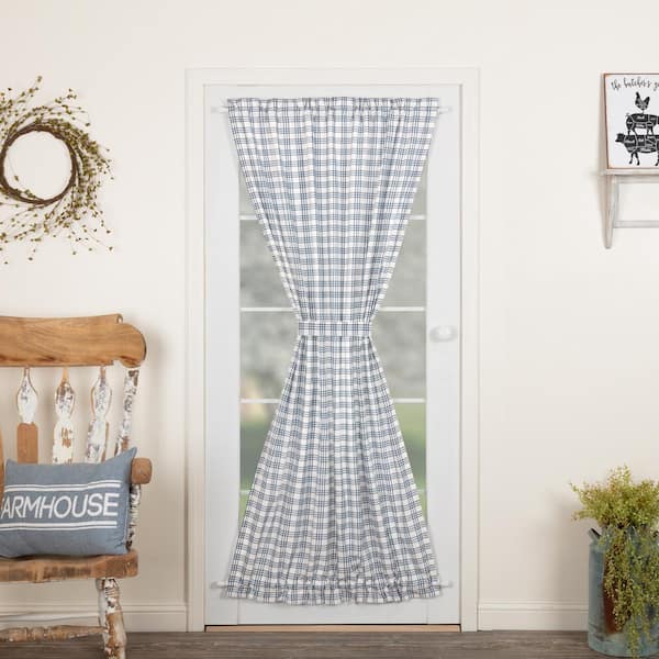 VHC BRANDS Sawyer Mill Denim Blue Soft White Cotton Plaid 40 in. W x 72 in. L French Door Light Filtering Curtain Single Panel