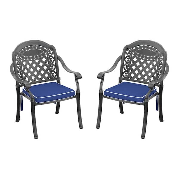 2-Piece Cast Aluminum Black Frame Patio Dining Chair Garden and Outdoor Side Chair with Random Color Cushions