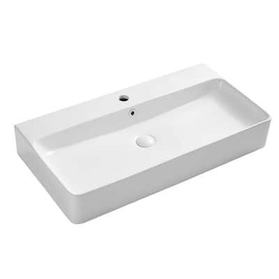 31.87 in. x 16.5 in. Art White Ceramic Rectangular Wall Mounted Vessel Sink Bathroom Vanity Sink Above Counter