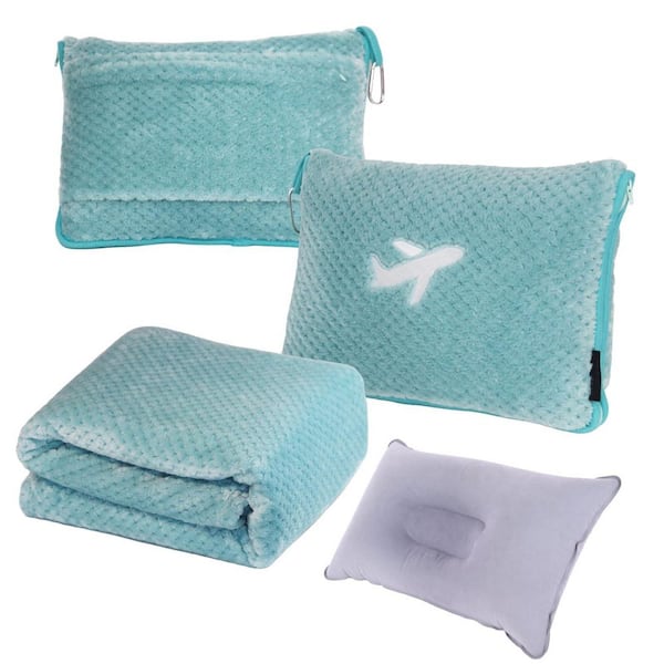 3 in 1 Mint Green Inflatable Travel Blanket Pillow Set with Travel Blanket and Bag for Airplane, Camping and Car Trip