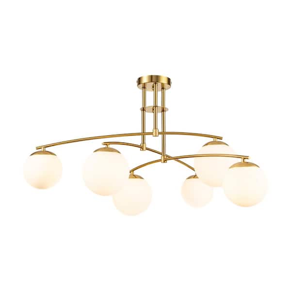 Mauree 31.5 in. W 6-Light Gold Opal Glass Bubble Semi Flush Mount