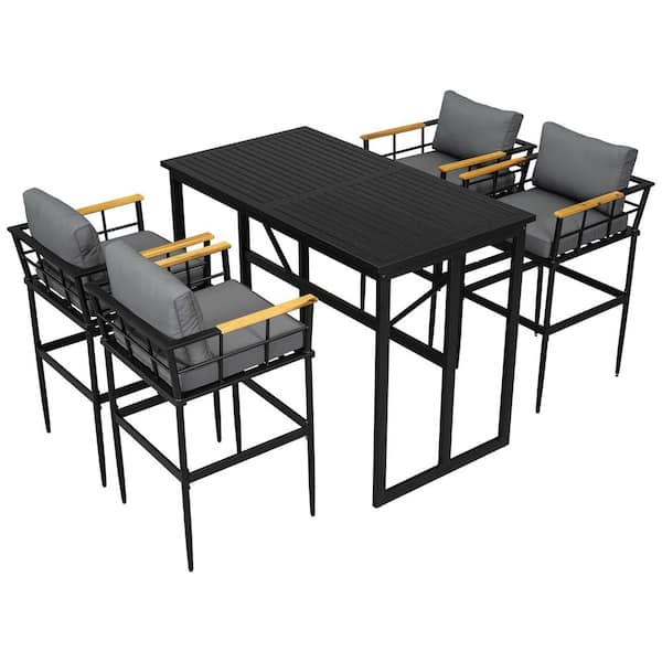 Black 5-Piece Iron and Acacia Wood Rectangle Outdoor Dining Set with Gray CushionGuard Tan Cushions