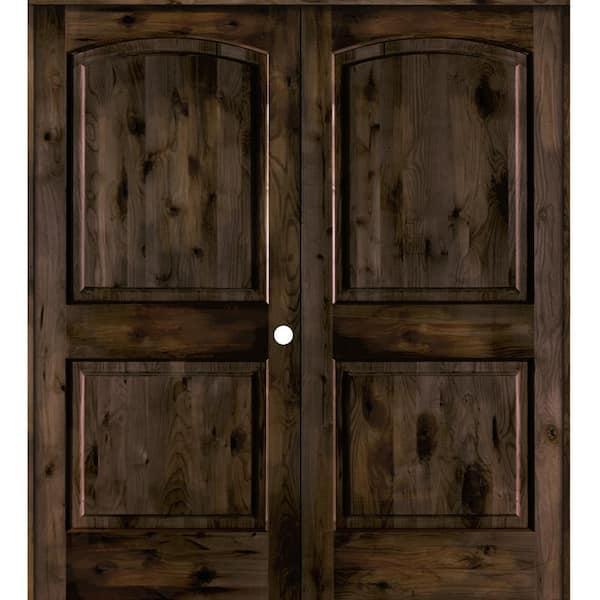 Krosswood Doors 60 in. x 80 in. Rustic Knotty Alder 2-Panel Left Handed Black Stain Wood Double Prehung Interior Door with Arch-Top