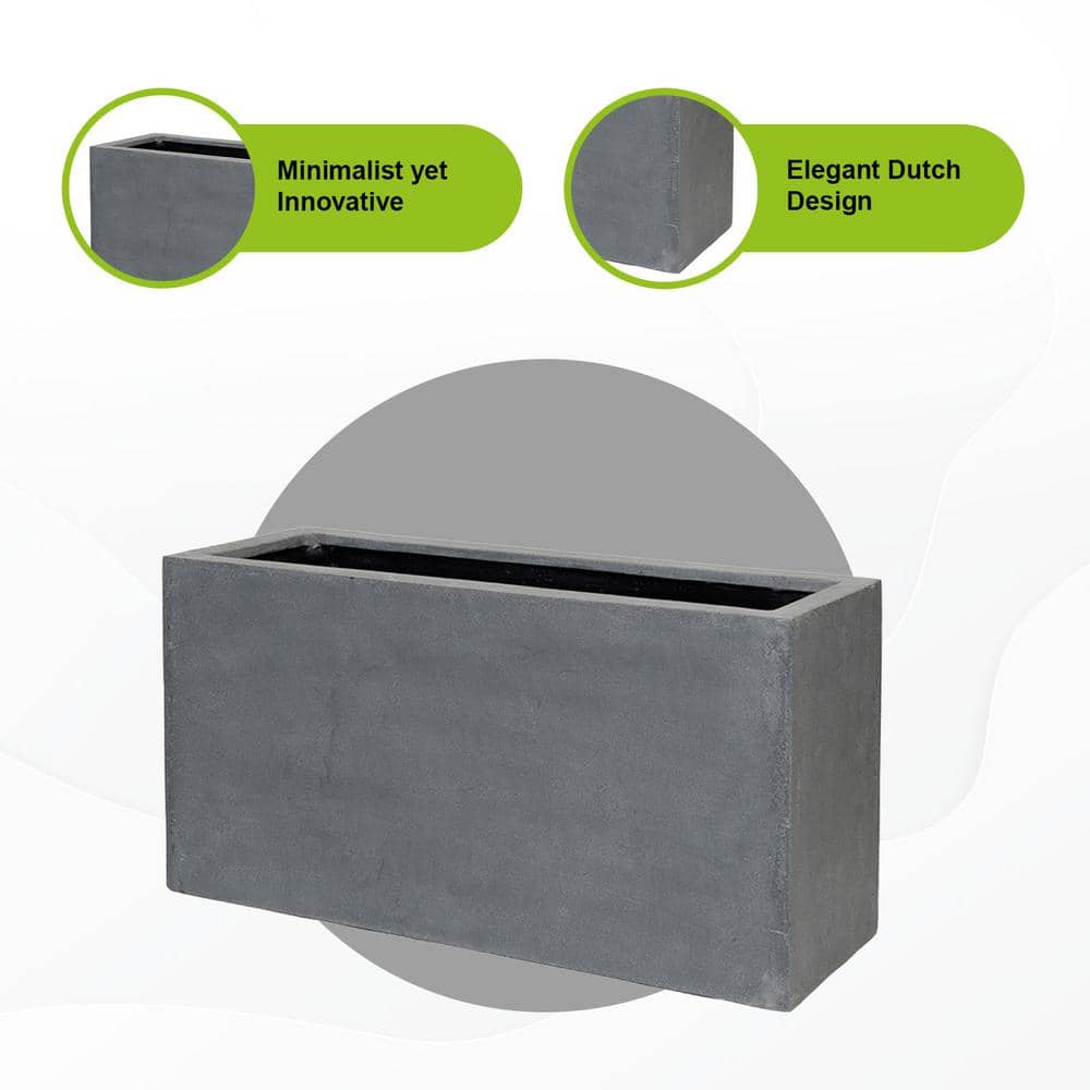 Elegant Fiberstone Rectangular Planter, 16"x32"x12", Glossy Grey
