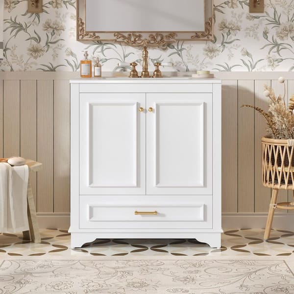 30.5 in. Freestanding White Bath Vanity with White Ceramic Top, 2-large Soft Closing Doors