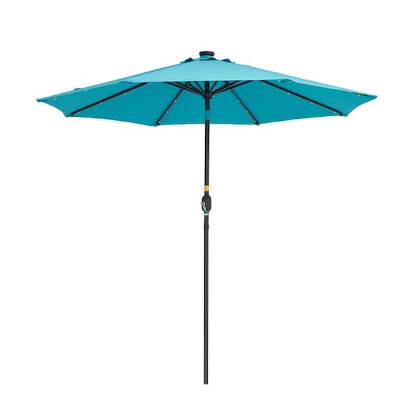 ANGELES HOME 9 ft. Steel Market LED Patio Umbrella in Lake Blue, Crank Lift System,Tiltabl, UPF 50+