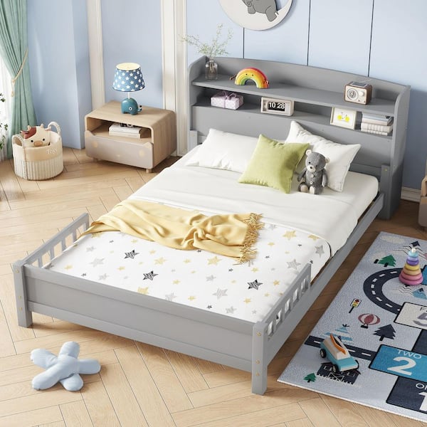 anpport Gray Wood Frame Full Platform Bed with Bookcase