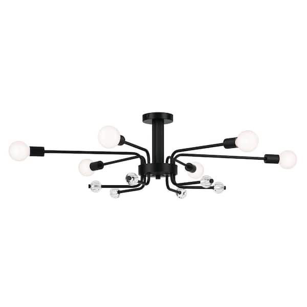 KICHLER Ocala 41.25 in. 6-Light Black Living Room Art Deco Semi-Flush Mount Ceiling Light with Clear Crystal