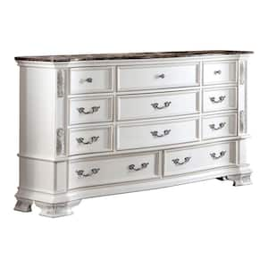 Florince Pearl White 11-Drawer 68 in. W. Dresser With Geunine Marble Top