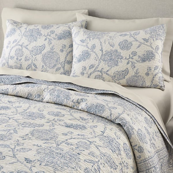 Lake Blue Floral Tonal Block Print Cotton Quilt Set