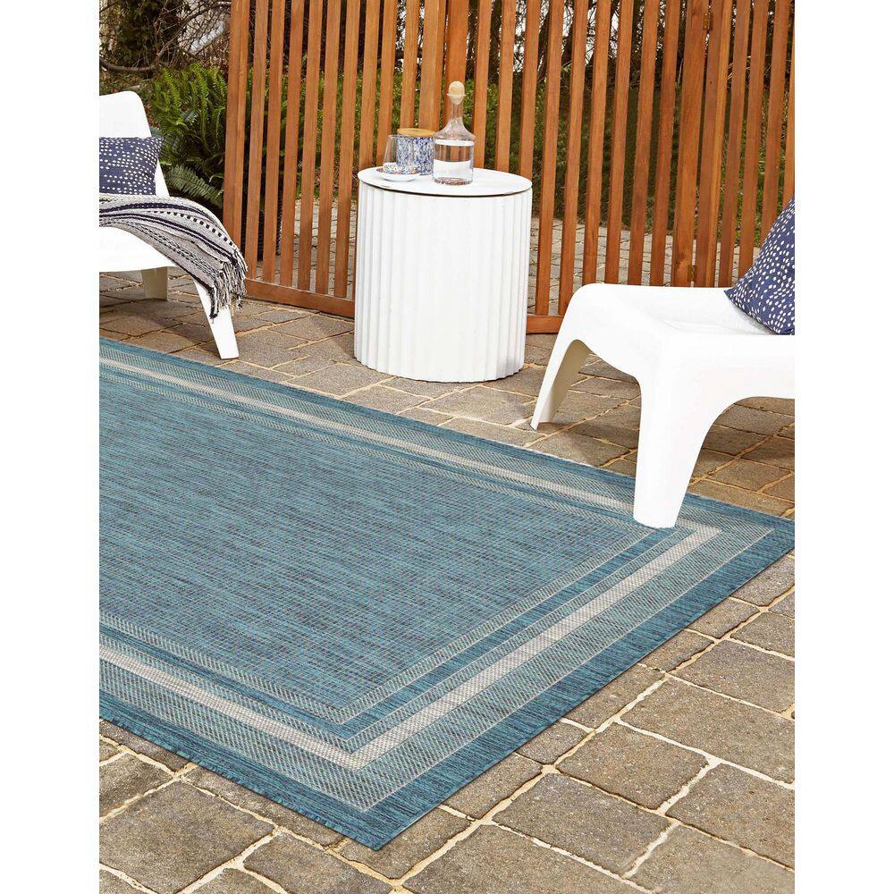 Teal and Beige Synthetic Flat Woven 9' x 12' Outdoor Rug