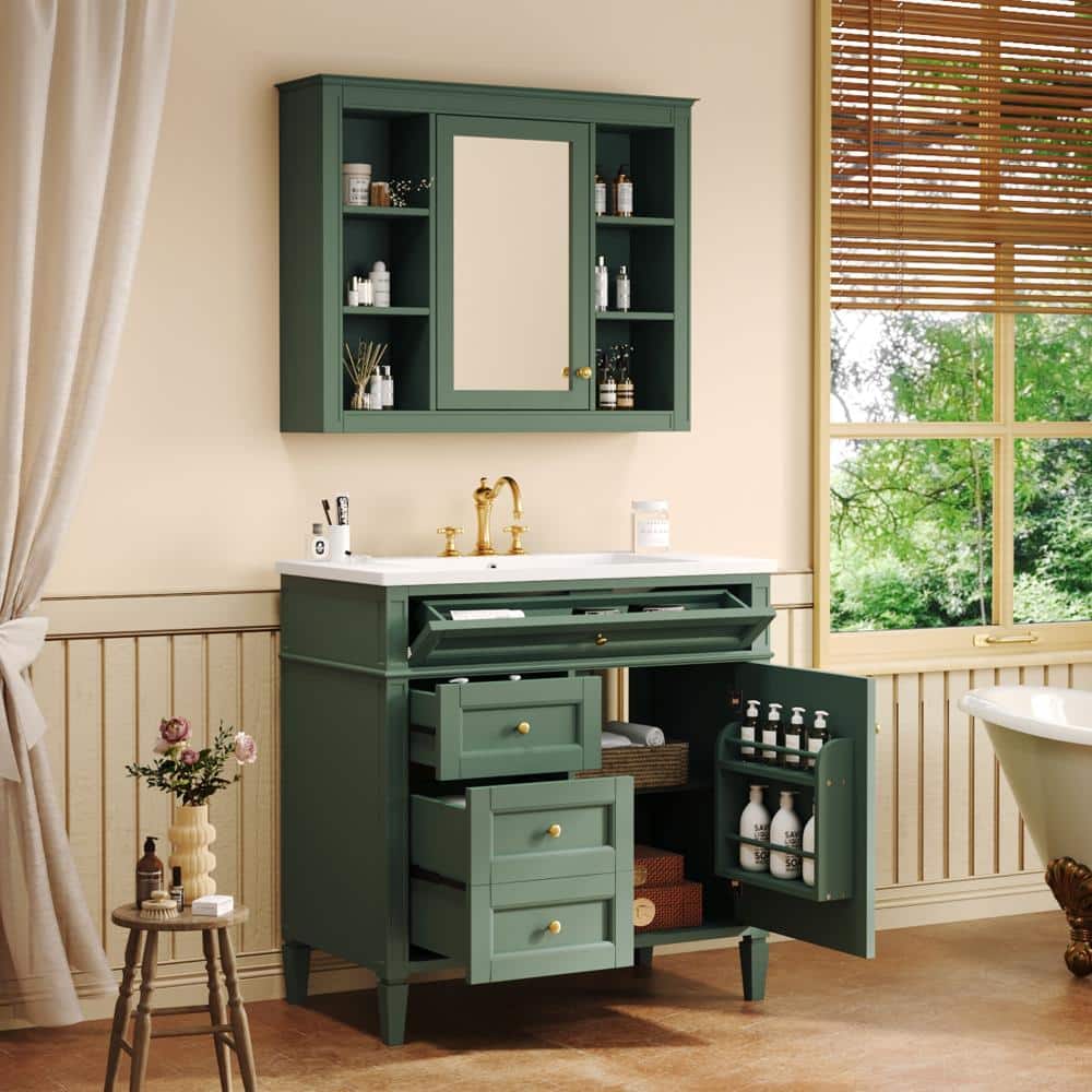 36 in.Single Sink Green Freestanding Bath Vanity with Ceramic Top,2 Doors&3 Drawers With Mirror Cabinet price history on PriceWatchPro
