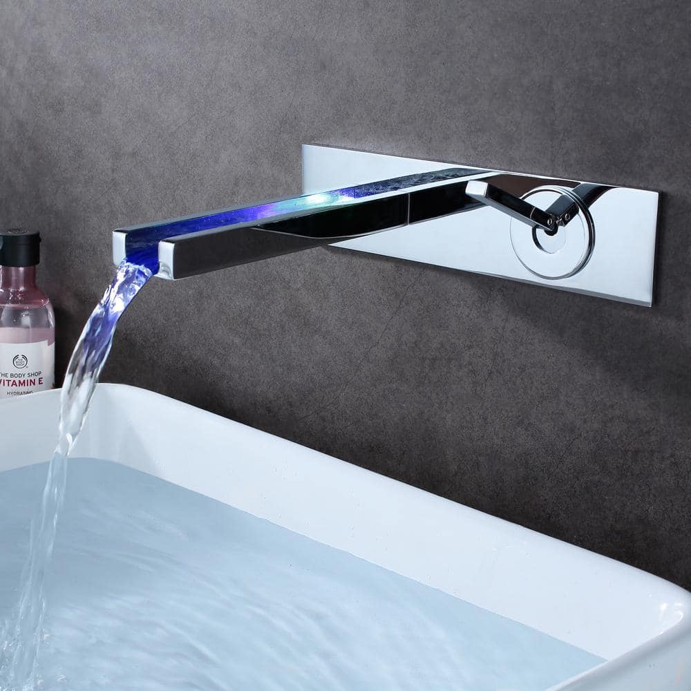 Chrome Wall Mount LED Waterfall Bathroom Sink Faucet