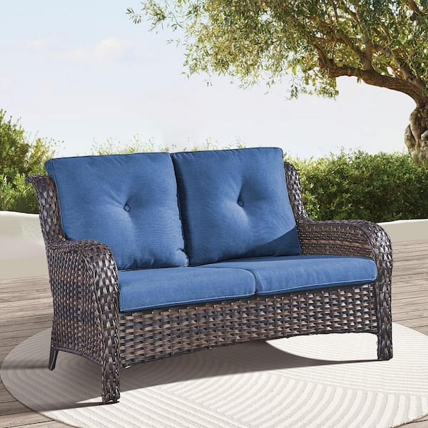 Brown PE Wicker Outdoor Loveseat with Blue Cushions