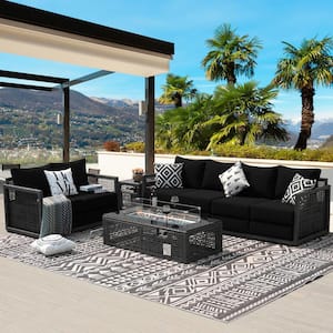 6-Person Luxury Gray Wicker Patio Fire Pit Deep Seating Sofa Set, Extra Thick, Light Blue Olefin Cushions