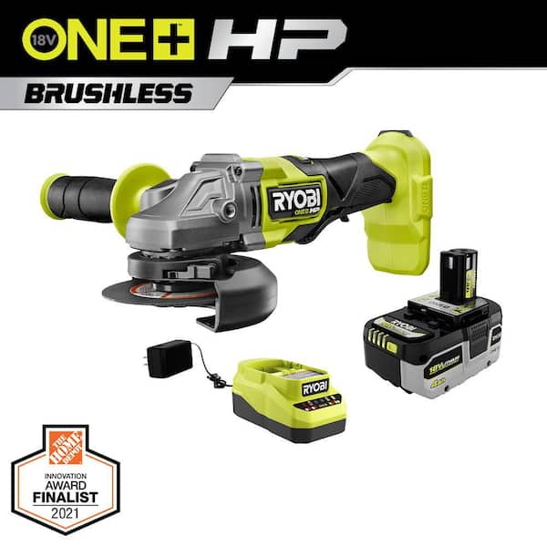 RYOBI ONE+ HP 18V Brushless Cordless 4-1/2 in. Angle Grinder Kit with 4.0 Ah HIGH PERFORMANCE Battery and Charger