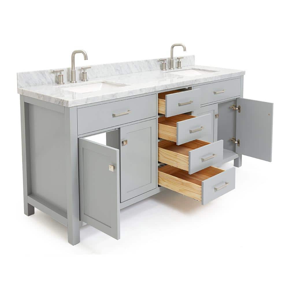 Grey Double Freestanding Vanity with White Marble Top