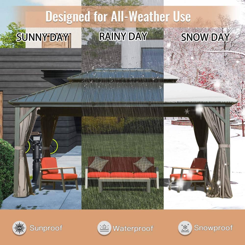 Gray 10' x 12' Aluminum and Steel Hardtop Gazebo with Curtains