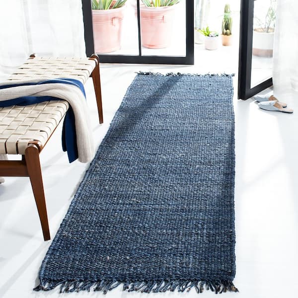 Natural Fiber 2 ft. x 14 ft. Navy Solid Color Runner Rug