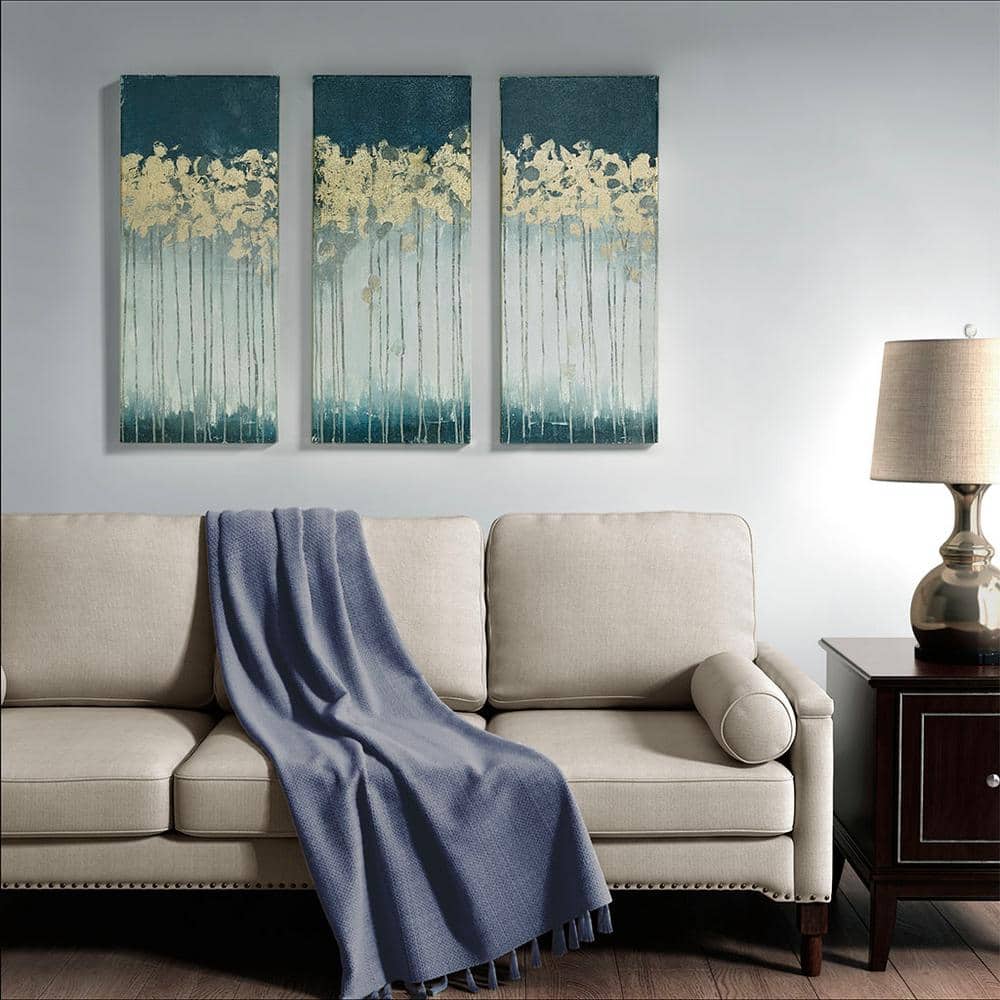 【3枚セット】紫陽花×金箔 テクスチャーアート ミントグリーン 北欧風 原画 Contemporary 3-Piece Unframed Abstract Tree Design Art Print Gold