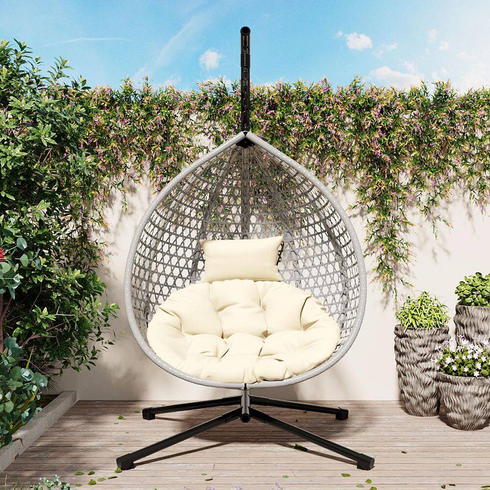 Gray Metal Patio Swing with Beige Cushions HDPE Egg Chair price history on PriceWatchPro