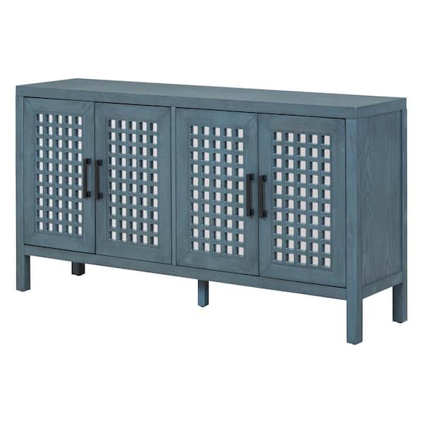 Unbranded 58 in. W x 15 in. D x 32 in. H Blue Linen Cabinet with Grain Pattern Mirrored Doors and Adjustable Shelves