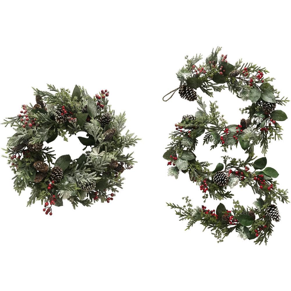 25 in. Artificial Christmas Wreath with 9 ft. Garland Pine Cones and Berrie