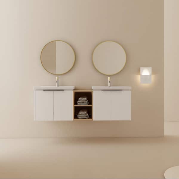 60 in. W x 18.5 in. D x 21 in. H Double Sink Floating Bath Vanity in White with White Double Basin, and Storage Shelve