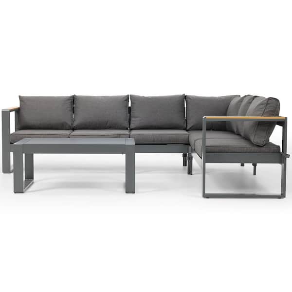 Aoodor 5-Piece Aluminum Patio Conversation Sectional Seating Set with Dark Gray Cushions