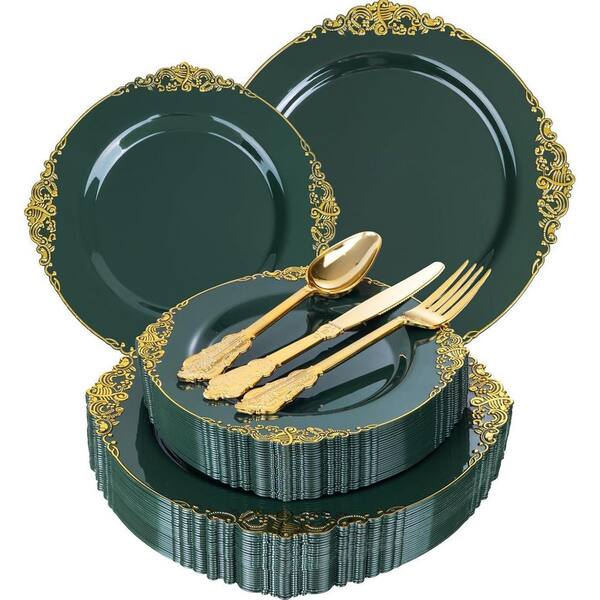 125PCS Green and Gold Plastic Dinnerware Set for Special Event: 25 Dinner Plates, 25 Dessert Plates, 75 Gold