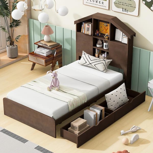 Harper & Bright Designs Walnut (Brown) Wood Frame Twin Size Platform Bed with 2-Under-Bed Drawers, House-Shaped Headboard with Shelves