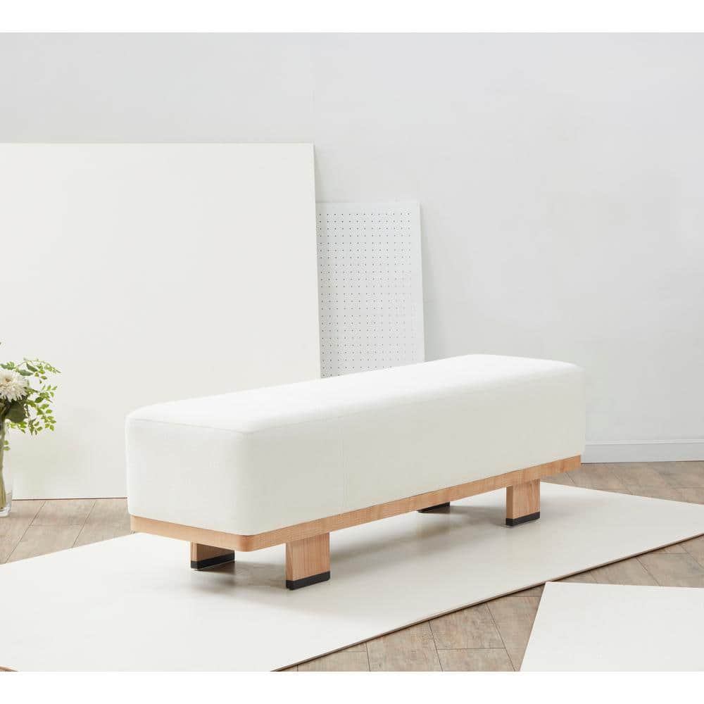 Ivory Boucle Upholstered Bench with Ash Wood Base, 59"