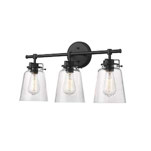 Amberose 22.9 in. 3-Light Matte Black Vanity Light with Clear Hammered Glass