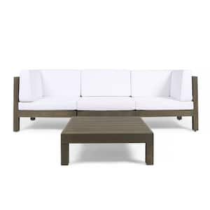 Oana Grey 4-Piece Wood Outdoor Patio Conversation Set with White Cushions