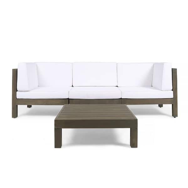 Noble House Oana Grey 4-Piece Wood Outdoor Patio Conversation Set with White Cushions