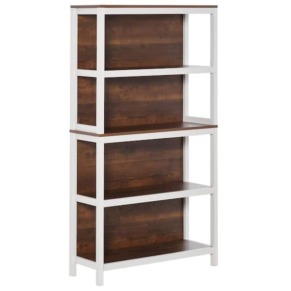 HOMCOM 59.75 in. White/Walnut Wood 4-Shelf Modern Standard Bookcase with Back Support