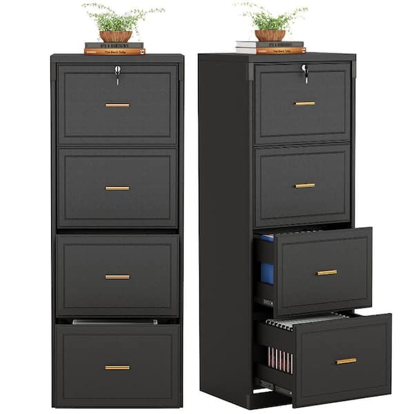 Atencio 4-Drawer Black 2-Pcs Wood 23 in.W Vertical Simple Modern Industrial File Cabinet Printer Stand Pedestal Set of 2