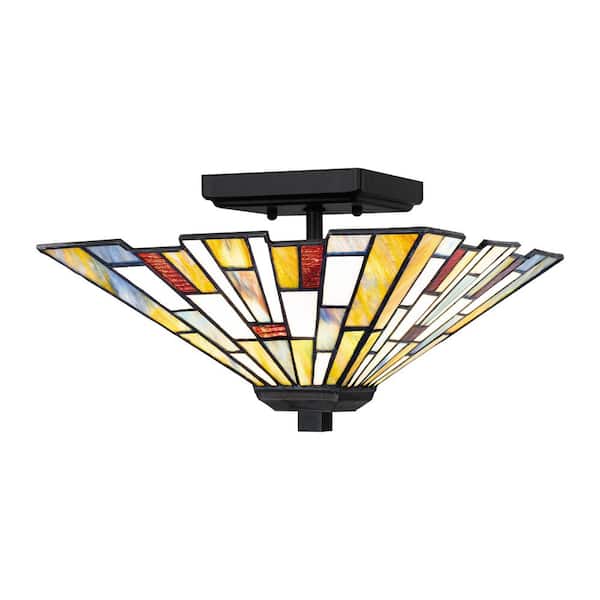 Home Decorators Collection Fallsdale 12 in. 2-Light Matte Black Semi-Flush Mount with Tiffany Glass Shade