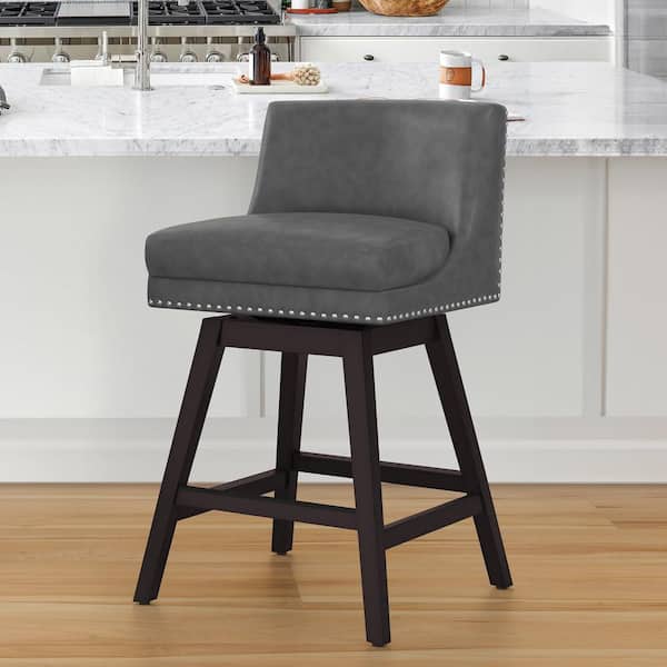 cozyman Zorro 27 in.Dark Gray Faux Leather Upholstered Swivel Counter Stool Wood Frame Double Cushion Swivel Bar Stool