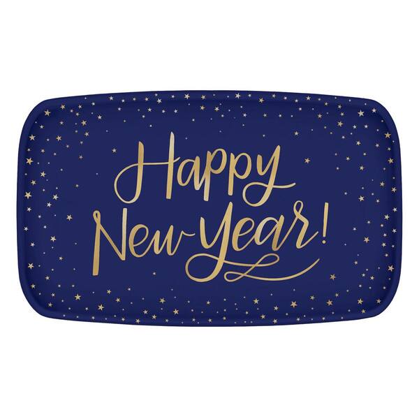 Amscan 18 in. x 11 in. Rectangular Blue New Year's Midnight Eve Plastic Coupe Platter (3-Pack)