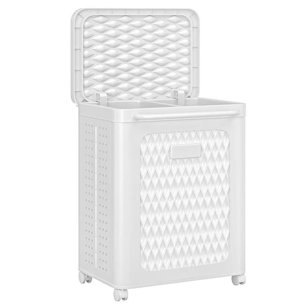 Rolling Laundry Hamper with Lid and Wheels-Dual Compartment, Foldable Plastic Basket for Easy Carry, White (100 L)25 in.