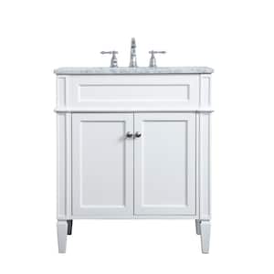 Simply Living 30 in. W x 21.5 in. D x 35 in. H Bath Vanity in White with Carrara White Marble Top