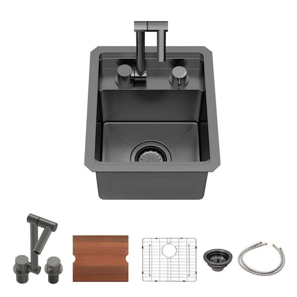 13 in. Undermount Single Bowl Stainless Steel Gunmetal Black Workstation Kitchen Bar Sink Included Foldable Faucet