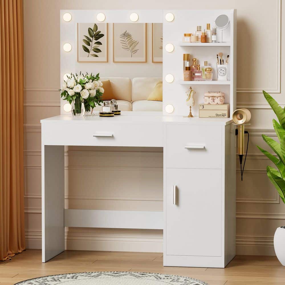 Vanity Desk with Lighted Mirror & Power Outlet, Makeup Vanity with Drawer & Cabinet White