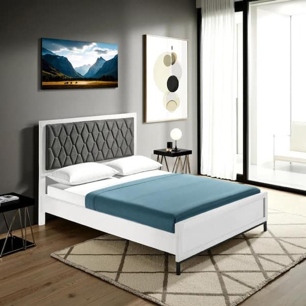 Benjara Noro White Gray and Black Metal Frame Queen Platform Bed with Tufted Upholstered Headboard