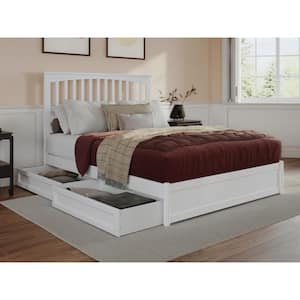 Everett White Solid Wood Frame Queen Platform Bed with Panel Footboard and Storage Drawers