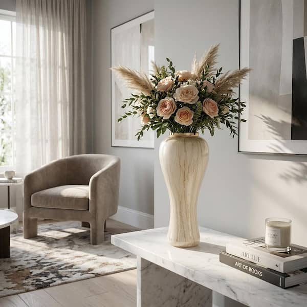 Liv & Skye 21 in. Ivory/Beige Glass Floor Decorative Silhouette Tall Vase with Metal Rim