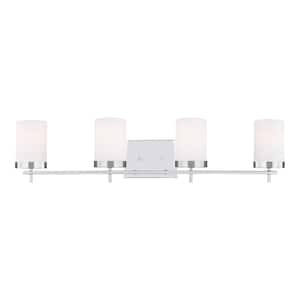 Zire 34 in. W 4-Light Chrome Bathroom Vanity Light with Etched White Glass Shades